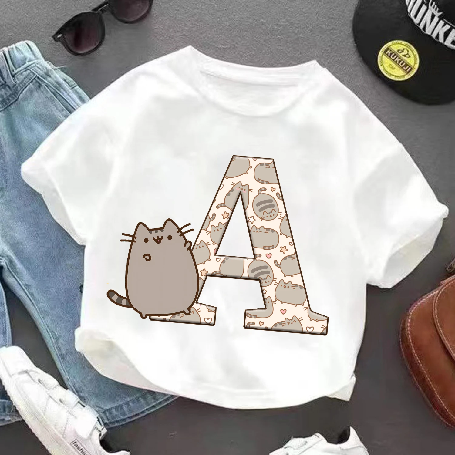 Pusheen Cat T-shirt for Children Pink Letter A-Z Tee Top Cute Cartoon Round Collar Clothes Fashion New Kids White Clothing Gift