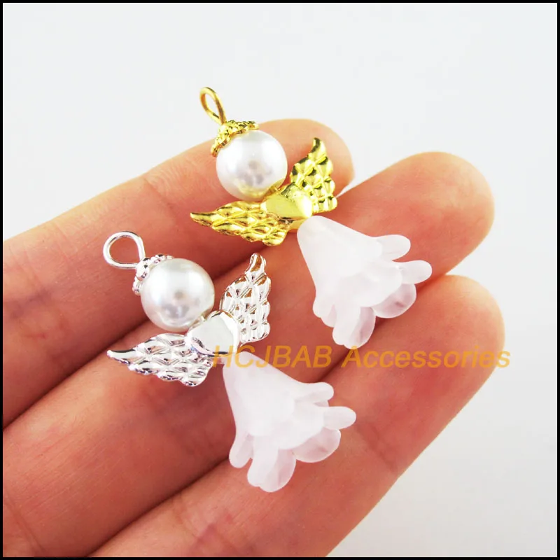

10 New Angel Charms Retro Gold Silver Plated White Acrylic Pendants 21.5x33mm
