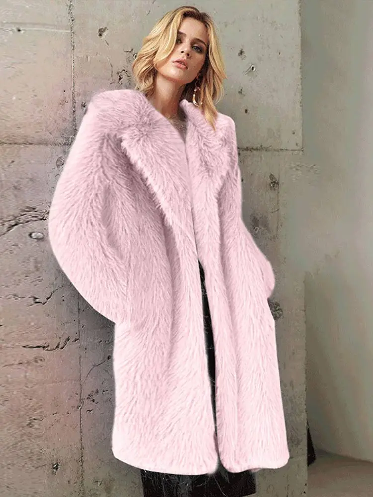 Women Elegant Winter Plush Faux Fur Overcoat Female Casual Loose Coat Jackets 2022 New Lapel Full Sleeve Fashion Coat