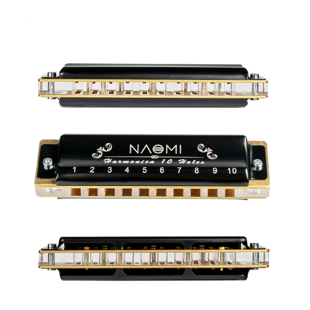 Mugig 10 Hole Professional Blues Harmonica Acrylic Comb Brass Reeds C Key With Black Case