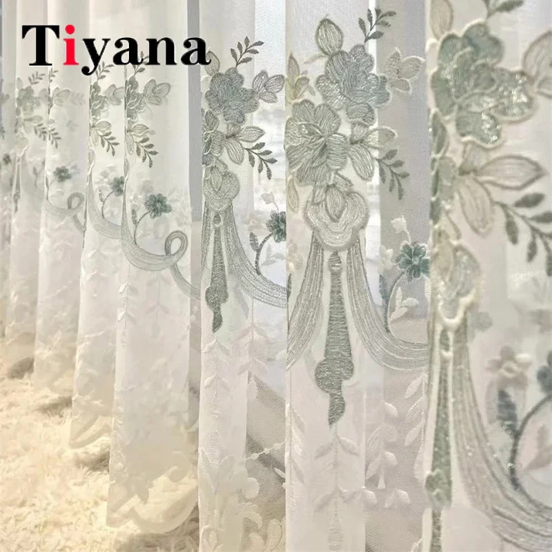 

European Green Flower Embroidery Sheer Tulle Curtains For Living Room Bedroom Balcony Bay Window Blinds Valance Voile Drapes