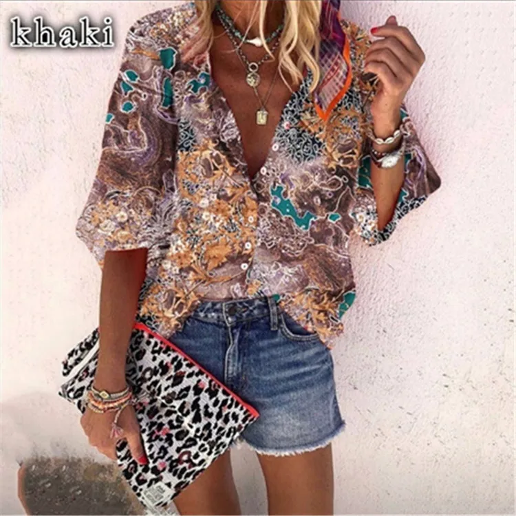 

Blouse Ladies Casual Top Flower 2022 Print Cropped Sleeve Loose Chiffon Shirt S-5XL