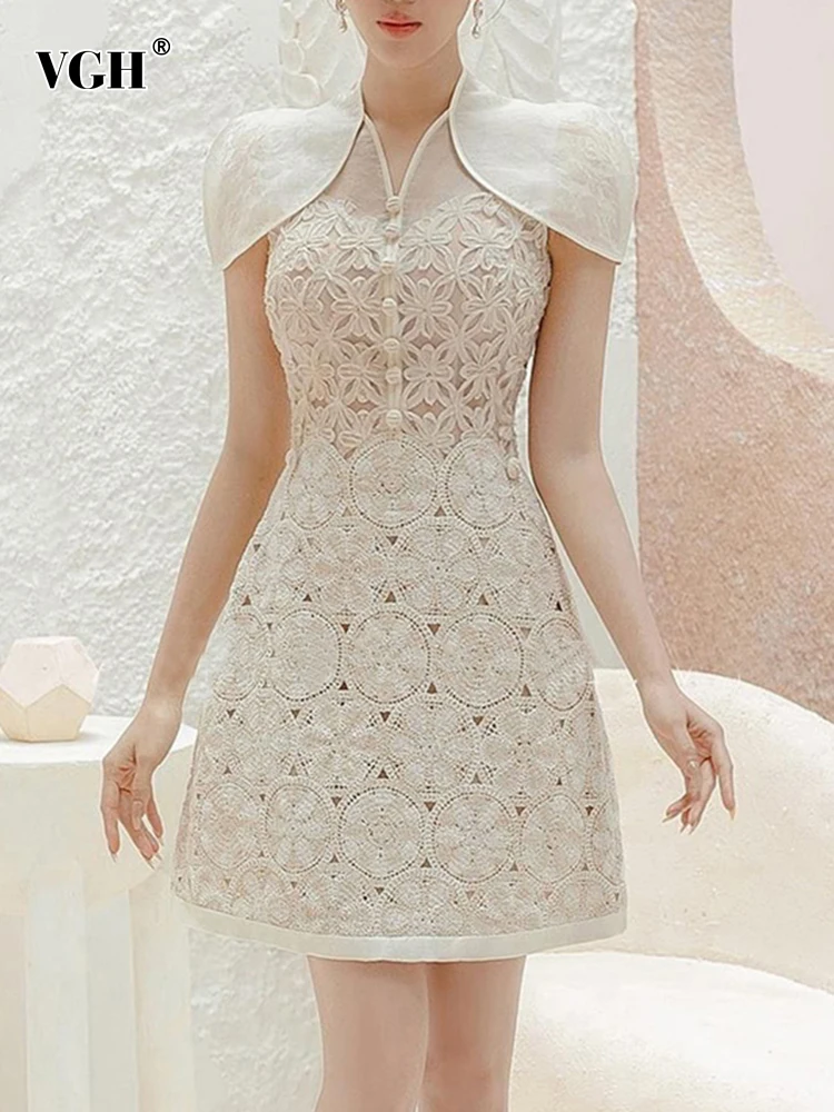 

Женское мини-платье с вышивкой VGH, летнее платье-туника трапециевидной формы с воротником-стойкой, коротким рукавом и высокой талией