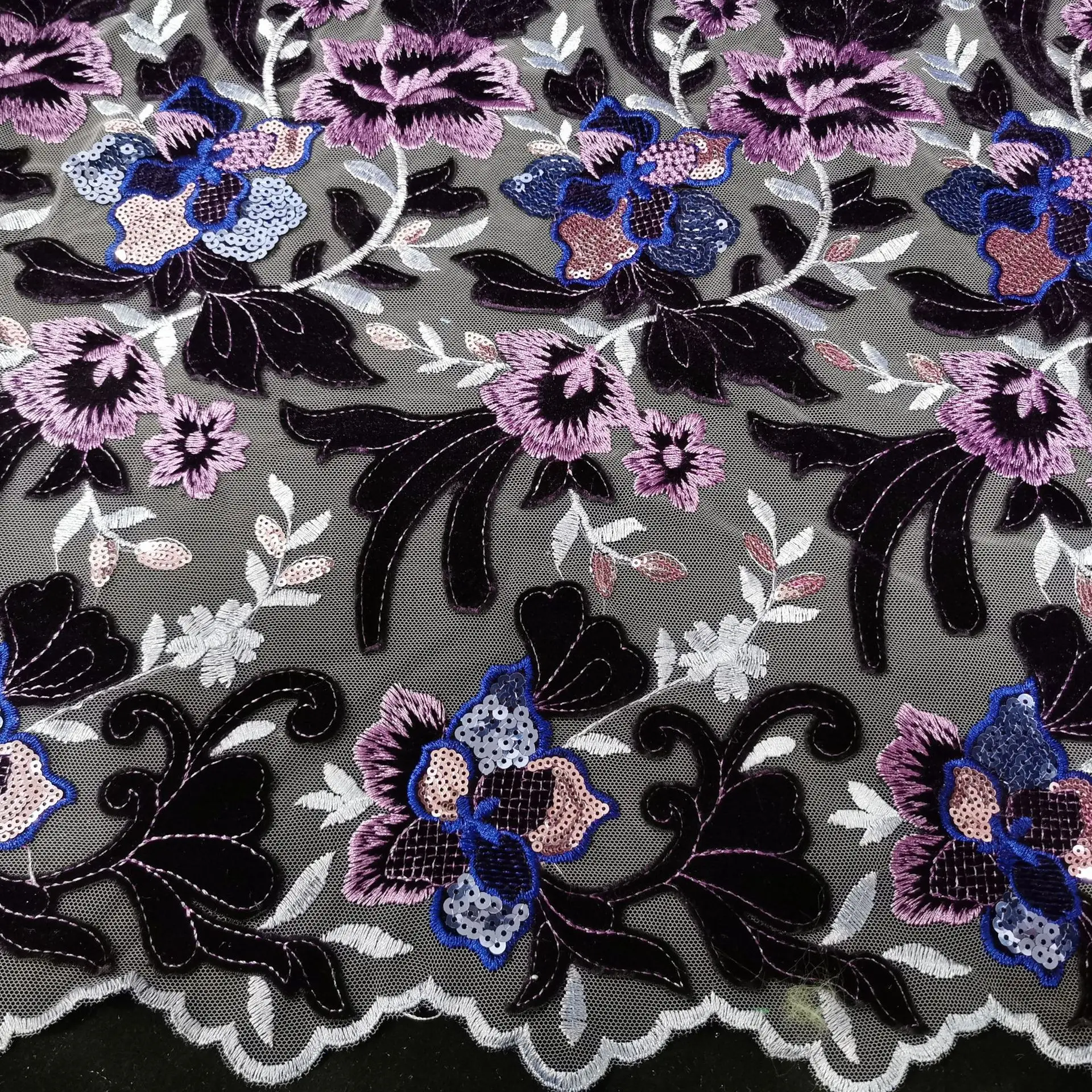 

Black Tassel Embossed Sequin Lace Net Fabric Costume Upholstery Curtain DIY Clothing Material 150cm Wide Sold By Meter