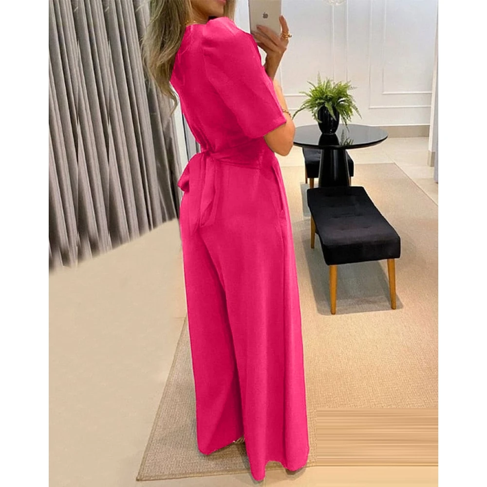 Summer Women Half  Puff Sleeve V-neck Wide Leg Flared Jumpsuits Sexy Female Plunge Night Out Black Jumpsuits One Piece Outfits