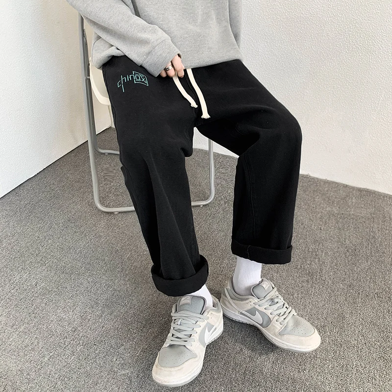 2022 Spring New Men's Denim Wide-leg Pants Korean Fashion Straight Loose Drawstring Black Jeans Male Baggy Trousers