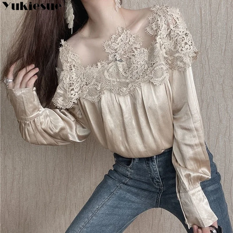 Vintage Floral Blouses Women Long Sleeve off shoulder Shirts Embroidery Shirts Famale Sexy Lace Elegant Tops Ladies 2022 Summer