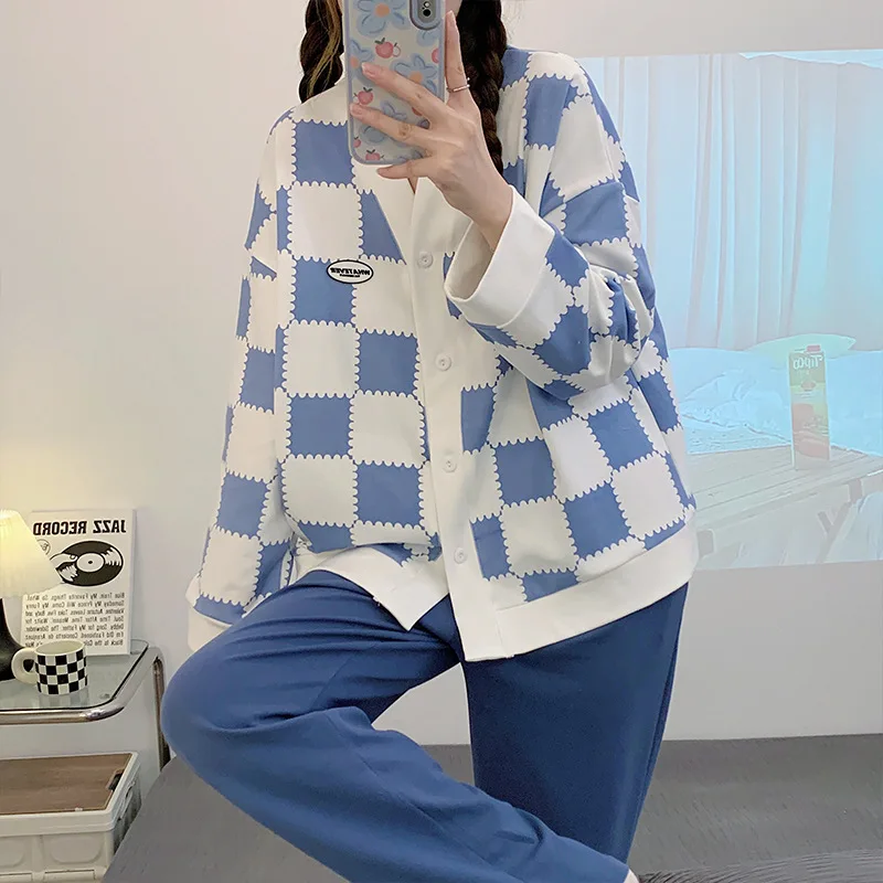 Yasuk Spring Autumn Fashion Women's Casual Soft Plaid Sleepwear Homewear Pajamas Set With Pants Sweet Lovely Girl Blue