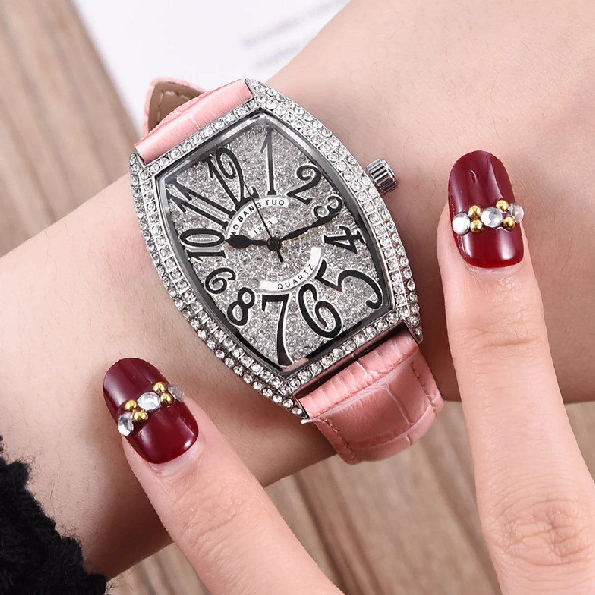 Women Tonneau Watch Top Brand Luxury AAA Franck Ladies Quartz Pink Leather Band Diamond Watches Woman Jewelry For Gift Clock