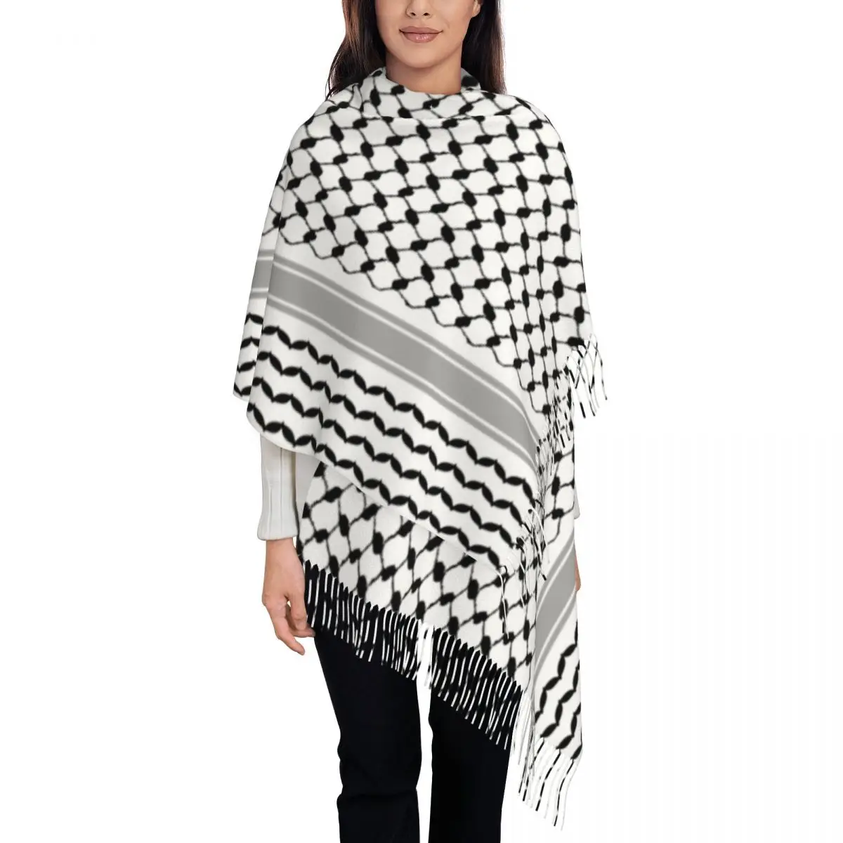 

Palestinian Hatta Kufiya Folk Scarf Wrap for Women Long Winter Fall Warm Tassel Shawl Unisex Palestine Keffiyeh Scarves