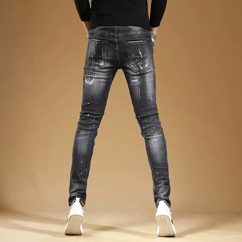 Autumn Black Ripped Jeans Men Fashion Dots Printed Slim Fit Pencil Pants Streetwear Casual Scratched Denim Trousers