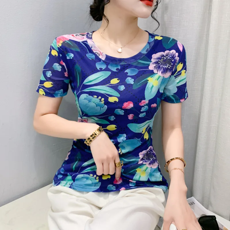 # 5436 летняя сетчатая футболка с цветочным принтом женские винтажные футболки