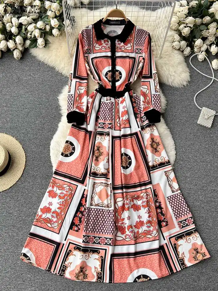 

ZANZEA Bohemian Maxi Dress 2022 Autumn Vintage Printed Vestidos Women Holiday Elegant Long Sundress Casual Lapel A Line Dresses