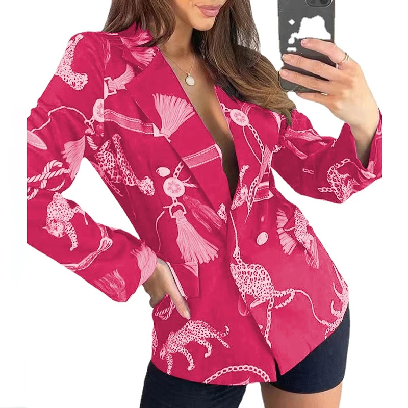 

Vintage Leopard Printing Blazer Jacket For Women Spring Autumen Double Breasted Long Sleeve Coat Office Lady Casual Streetwears