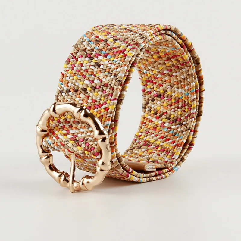 

New Color PP Straw Belts For Women Fashion Dress Round Buckle Waistbelt Free Ladies Belt Bohemian Dubai Lady Dress Accessories