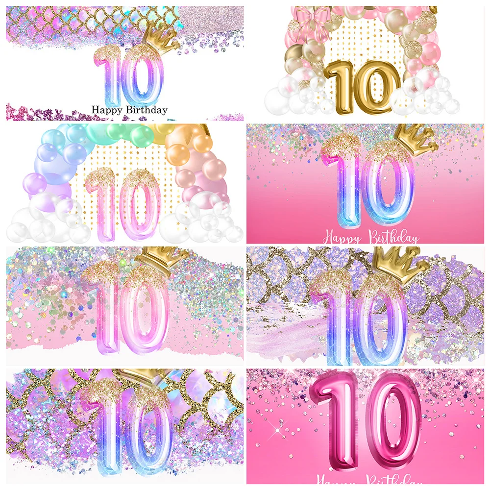 

Вечерние чный фон для фотосъемки на день рождения с изображением 10-й русалки пастельных розовых баннеров воздушных шаров блестящей принцес...