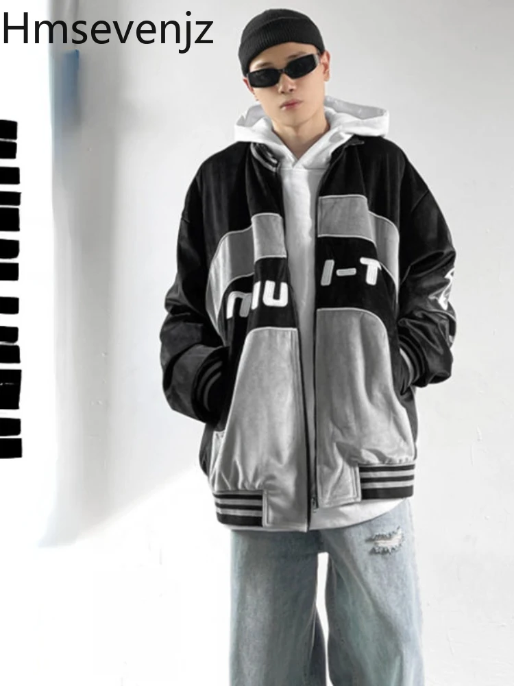 

Hmsevenjz Men Jacket Black Stitching Bomber Jackets Hip Hop Outerwear Coats Casual Couple Clothes Streetwear Male Clothing Trend