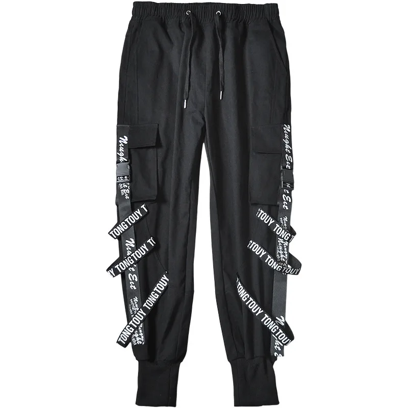 

Брюки-карго мужские черные, джоггеры, брюки-карго для бега, ранние брюки в стиле хип-хоп, хиппи, Готическая лента