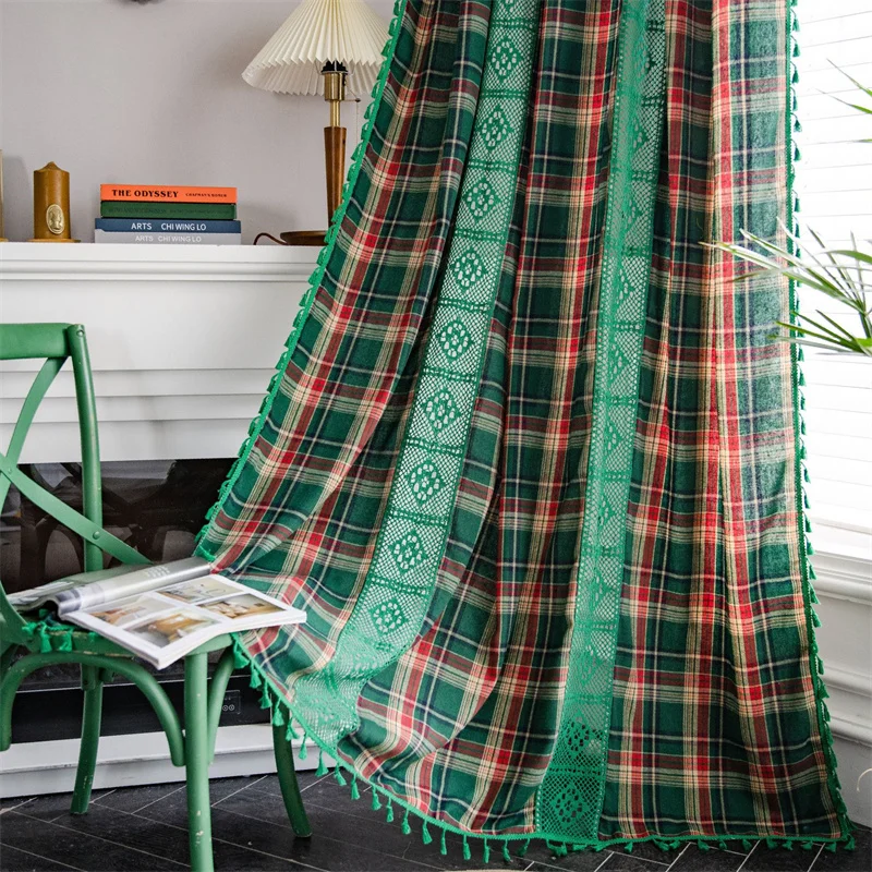 

Green Plaid Curtain Hollow Curtains American Crochet Lattice Splicing Partition Curtain for Living Room Door Curtain Bay Window