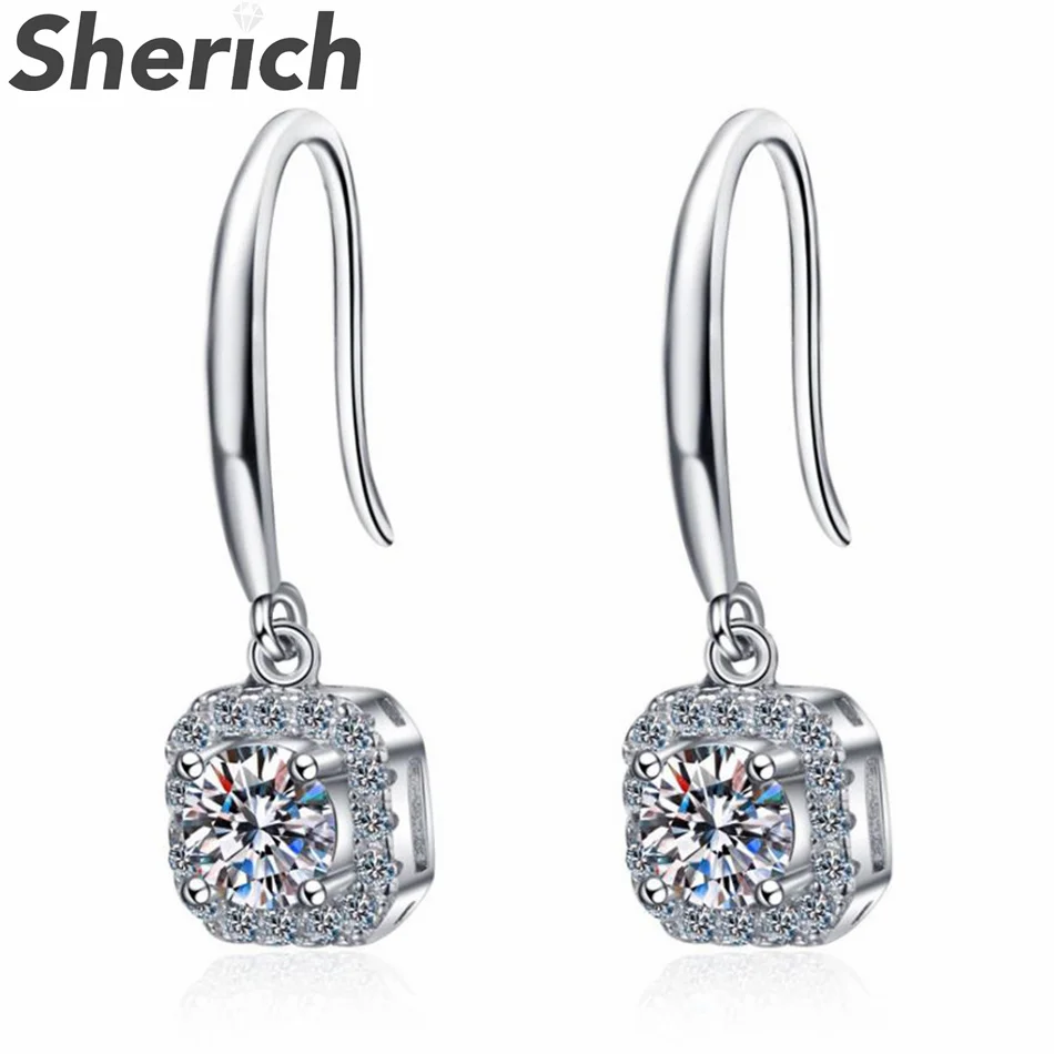 

Sherich High Quality 0.5ct Moissanite S925 Sterling Silver Square Fashion Halo Drop Earrings Women's Wedding Jewelry серьги 2022