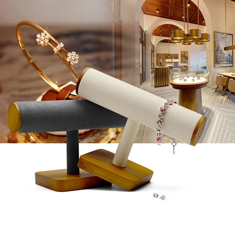Wooden Watch Display Stand T Shape Jewelry Organizer Stand Microfiber Necklace Storage Holder