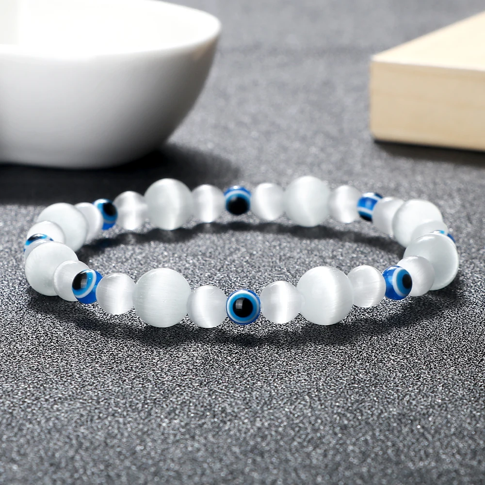 

Couple Black White Bracelets Men Classic Evil Eye Elastic Rope Braceles Tiger Eye Lava Stone Bead Bracelets Women Charm Jewelry
