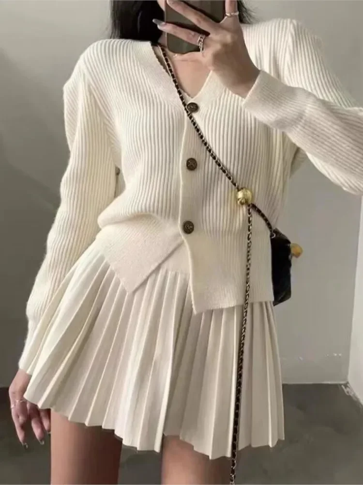 

Spring Autumn Women's Knitted Two Piece Set Korean Fashion Single Breasted Cardigan+High Waist Mini Pleated Skirt Solid Knitwear