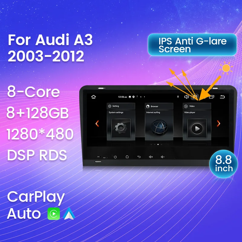 Radio de coche Android para Audi A3 8p S3 RS3 2003-2012, unidad principal 8 + 128G 8-Core Carplay + autorradio Multimedia automática 32EQ * DSP RDS WIFI 4G