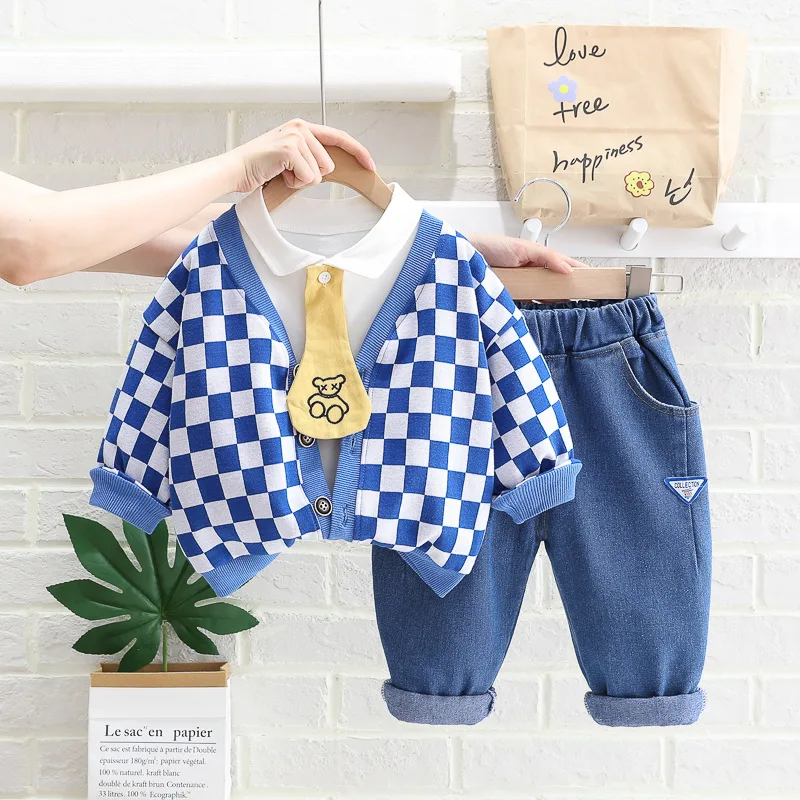 

Spring Autumn Toddler Baby Boy Girl Clothes 2022 Casual Infant 3pcs Outfits Plaid Cardigan+Tie T-shirt+Jeans Children Tracksuit