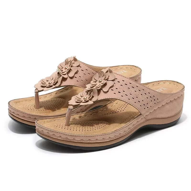 

2023NEW women fashion solid color flowers large size wedge shoes for women 2022 summer slippers retro casual zapatos mujer