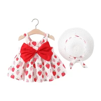 summer baby girls dress with hat 2pcs clothes cute strawberry print sleeveless bow on back toddler kids princess dresses 0 3y