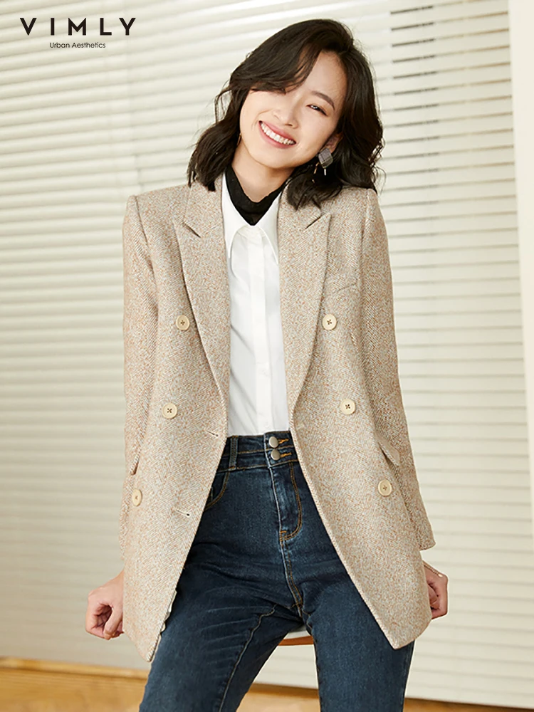 Женский двубортный Блейзер Vimly однотонный шерстяной пиджак в стиле ретро с