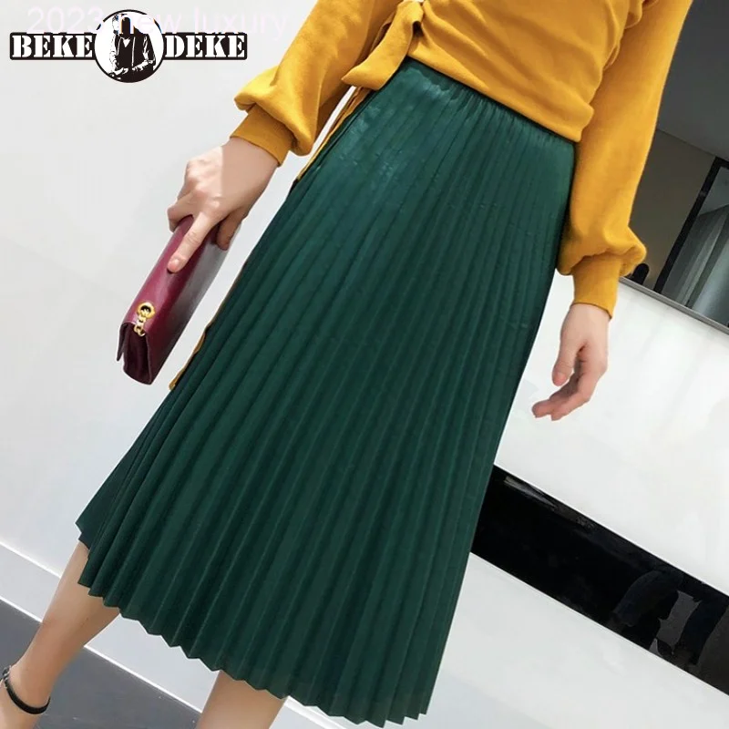 

Elegant Fashion Women Mid Calf Genuine Leather Long Pleated Skirt Ladies Streetwear Vintage Sheepskin Jupe Faldas Mujer