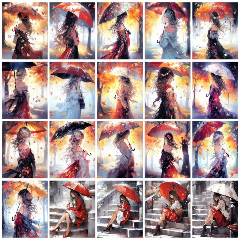 

RUOPOTY Painting By Numbers For Adults Kits The figure of a girl with long hair in a red umbrella and skirt Hand Painting Figure