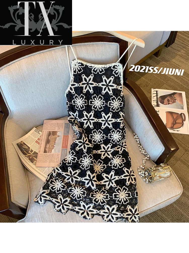 

French Spaghetti Strap Women Summer Sexy Hollow Out Print Sleeveless Vestidos Vintage Fashion Slash Neck Mini Dress Ladies