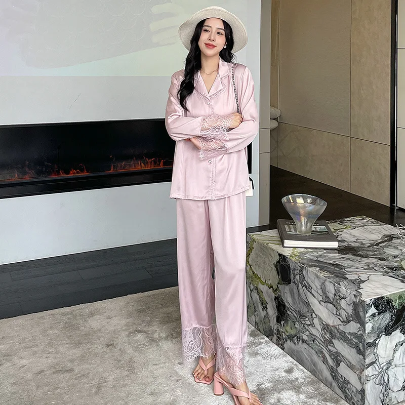 2022 Autumn Ice-Silk Pajamas Women's Long Sleeve Lace Stitching Pajama Set Advanced Home Clothing Satin Luxury Pijama Sexy Mujer