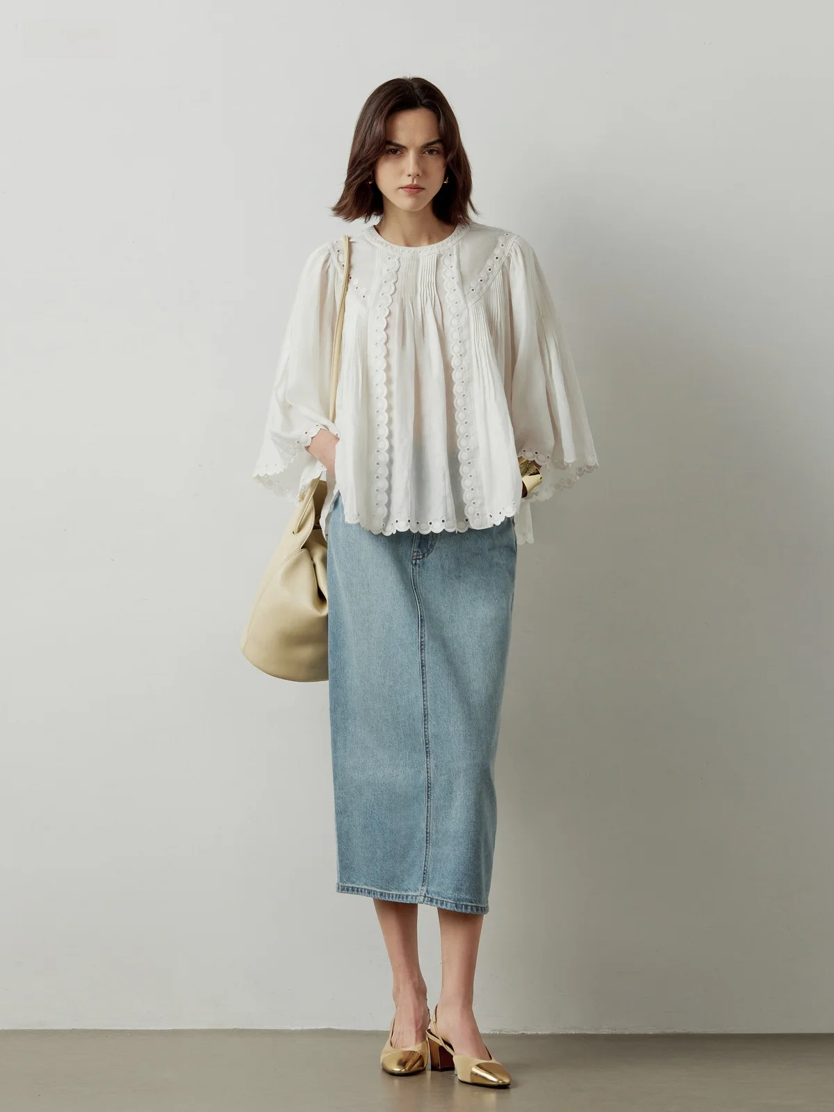 Lynee льняная тяжелая промышленность с полой вышивкой свободный драпированный топ