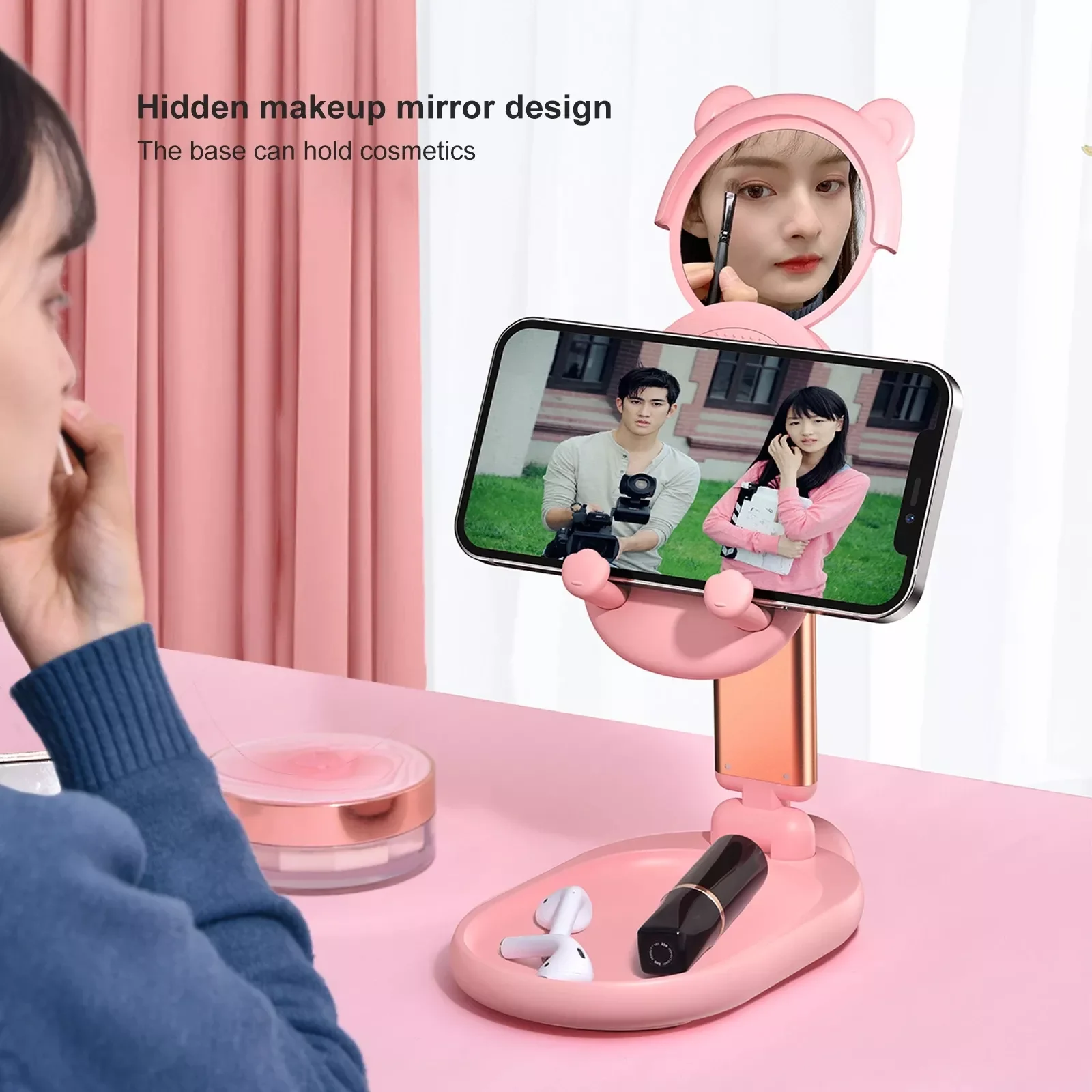 

Phone Holder Stand Desktop Mobile Phone Accessories Metal Material For iPhone iPad Stand Adjustable Angle With Mirror