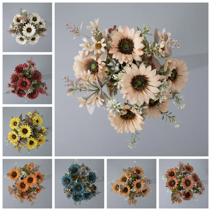 

Quality Autumn Artificial Flower Silk Sunflower Sun Bouquet for Wedding Decoration Scrapbooking DIY Wreaths Craft Fake Flowers