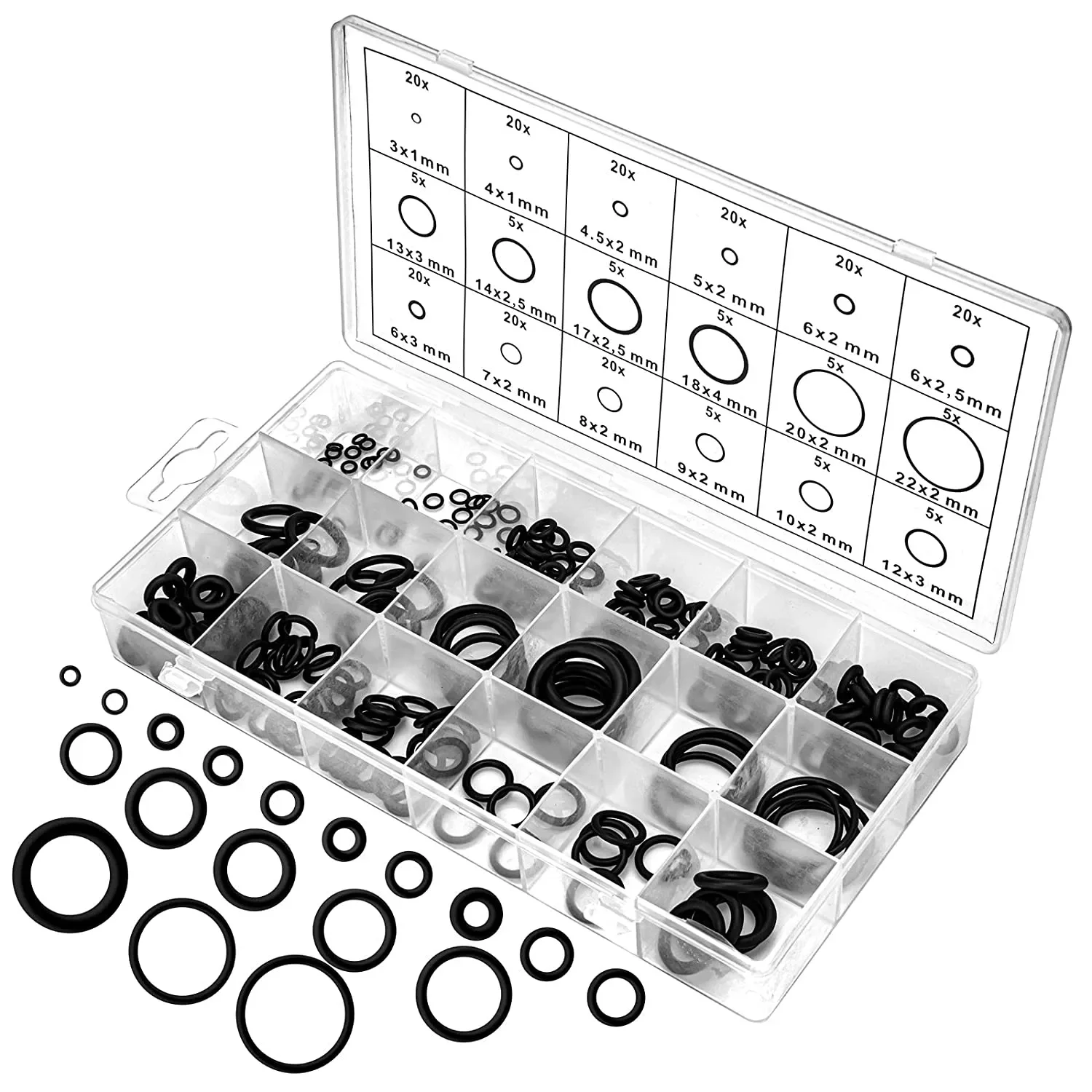 

225Pcs Rubber O Ring Oil Resistance O-Ring Washer Seals Watertightness Assortment Different Size With Plactic Box Kit Set
