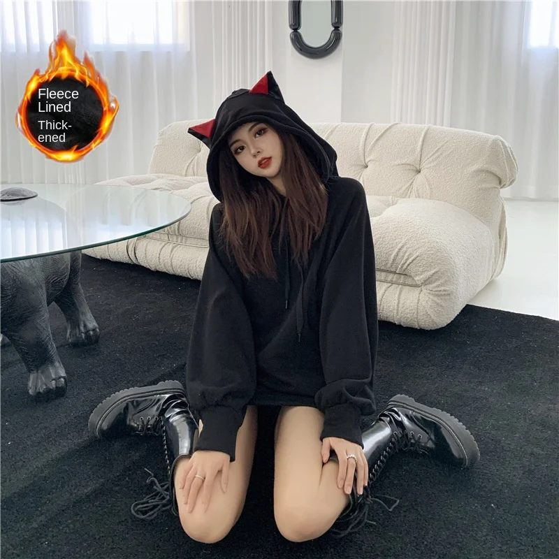 

Y2k Cat Ears Hoodie Women Black Kawaii Long Sleeve Autumn Winter Hooded Sweatshirt Gothic Streetwear Loose Casual Clothes