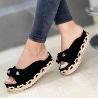 women bowknot slippers braided straps outdoor thick bottom sandals casual open toe flat shoes female straw woven soft slippers