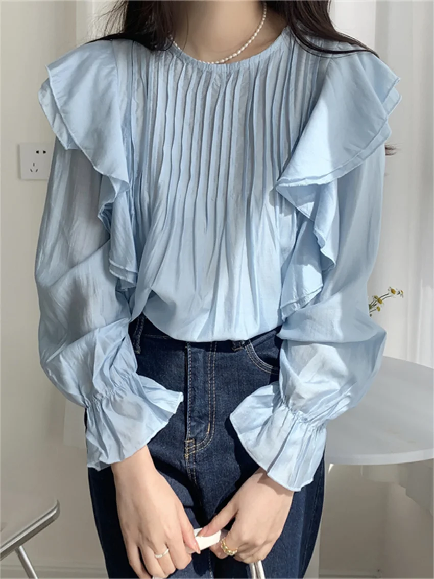 

Vintage O-Neck Pleated Women Blouses Sunscreen Summer New Ruffles Sweet 2022 Hot Office Lady Streetwear Chic New Tops