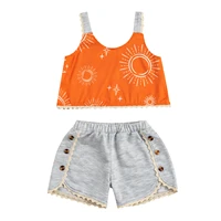 baby girlu2019s camisole and shorts set fashion sun moon print suspender tops and lace trim short pants