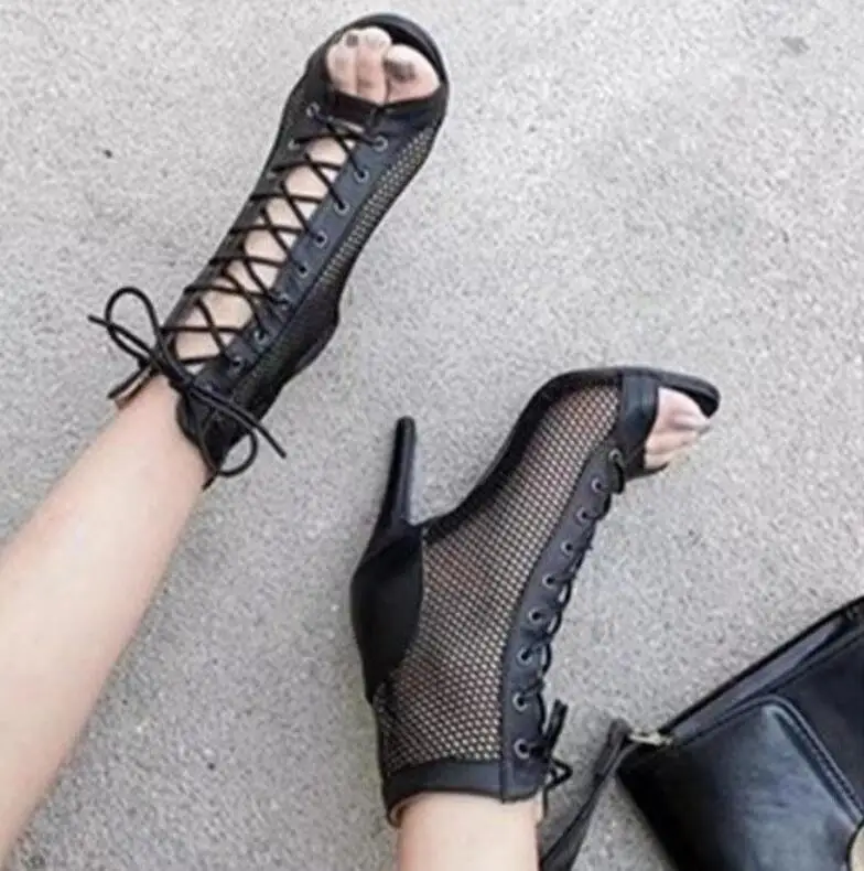 New  Lace-Up Sandals Heels Women's Shoes Summer Trend Black Sexy Peep Toe Boots Fashion Cloth Stilettos Dance Female Large size