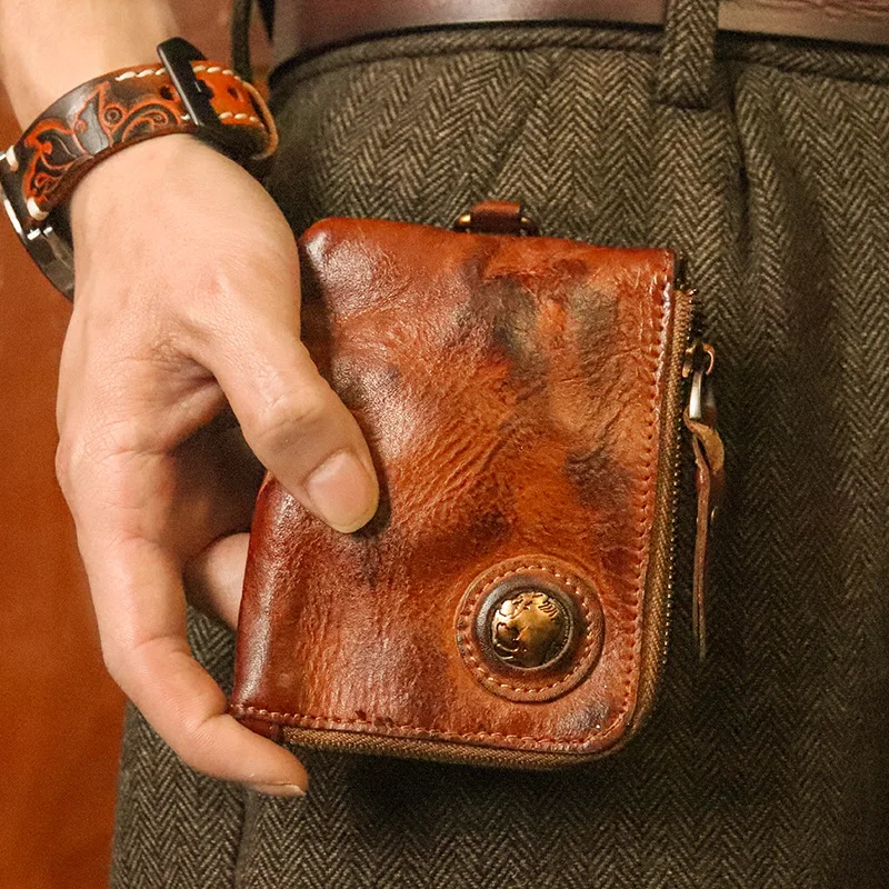 Vintage 100% Genuine Leather Coin Purse Men Women Small Mini Wallet Amekaji Wallets Change Purse Zipper Multi-function Card Case