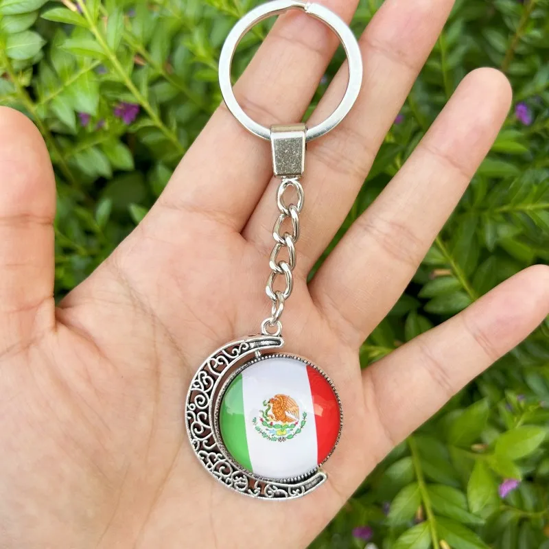 

Mexico Flag Metal Keychain Alloy Glass Rotable Llavero Religion Moon Pendant Key Chain