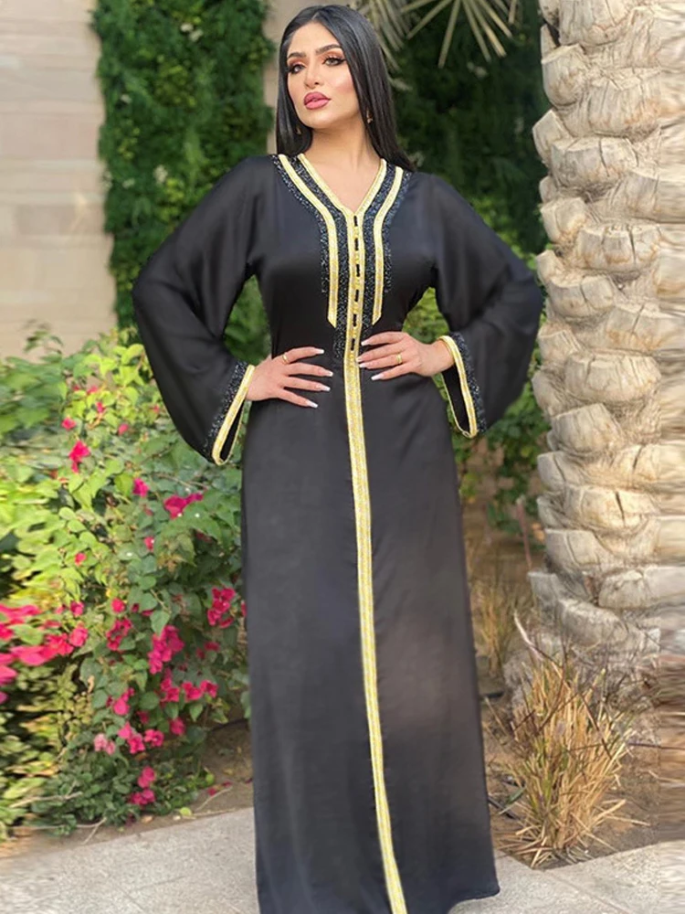 Черная атласная абайя с бриллиантами для женщин Jalabiya, Дубай, саудовская одежда, женское вечернее платье, мусульманская одежда Рамадан, ИД ка...