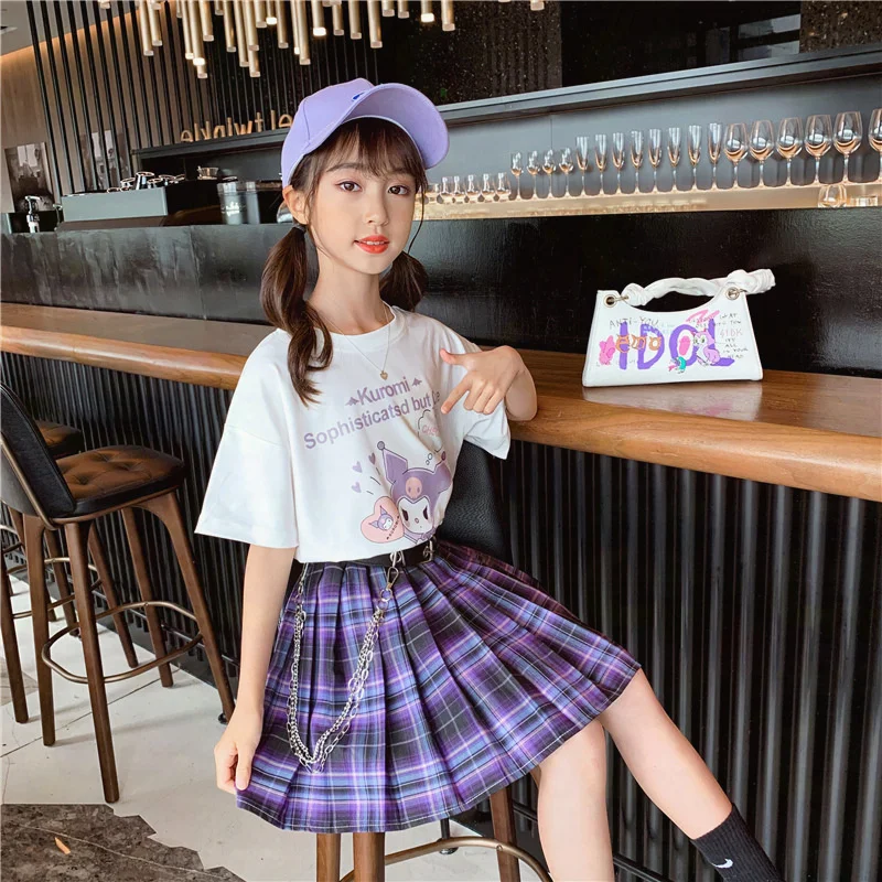 

Summer Girls Set Fashion College Style Jk Uniform Dress Kuromi Purple Dress Cute Cartoon T-Shirt Pleated Dress Two Piece Set