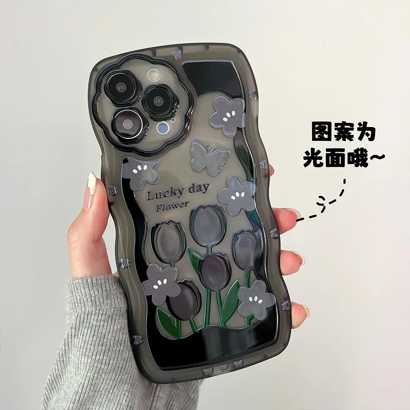 Черный чехол с цветком тюльпана для телефона Iphone 13Pro XR X XSMAX XS 11 12 13 Pro Max 7 8 Plus 13ProMax, Обложка, чехлы